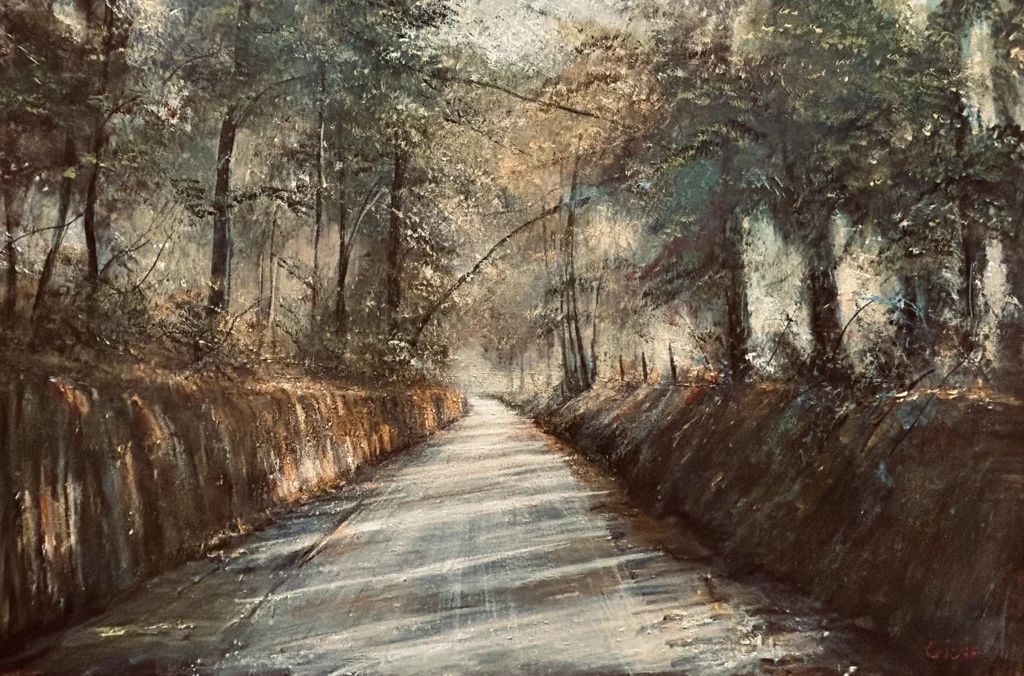 Dean Gioia oil painting of a sunlit tree-lined country road disappearing into a forest canopy with warm morning light and earthen embankments