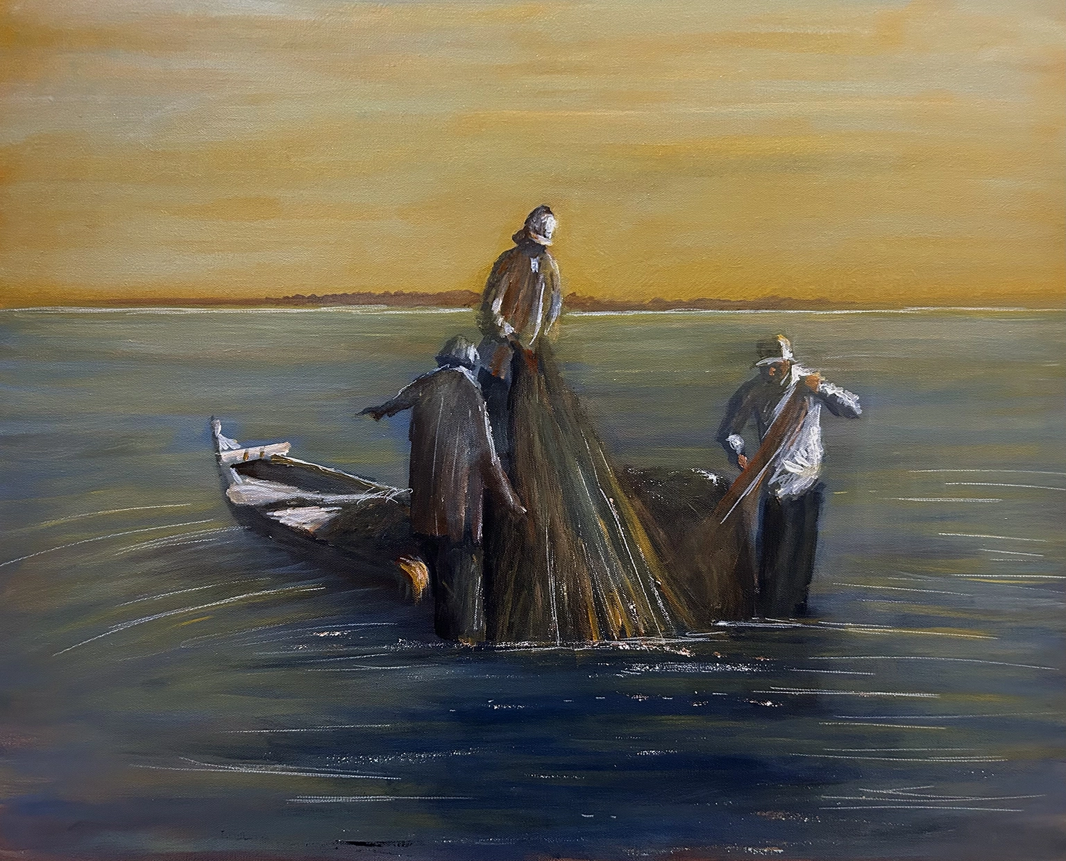 Net Work – acrylic painting of three Florida commercial fishermen hauling a net from a wooden skiff at golden hour by Dean Gioia