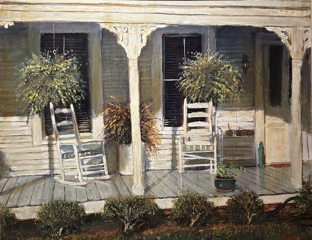 Dean Gioia oil painting of weathered front porch with white rocking chairs and hanging ferns in Apalachicola Florida