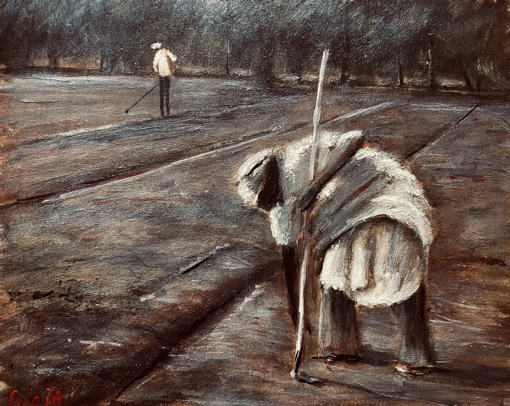 Preparing the Field by Dean Gioia - oil painting depicting two farmers in earth-toned landscape, one bent over tilling soil, one standing near tree line