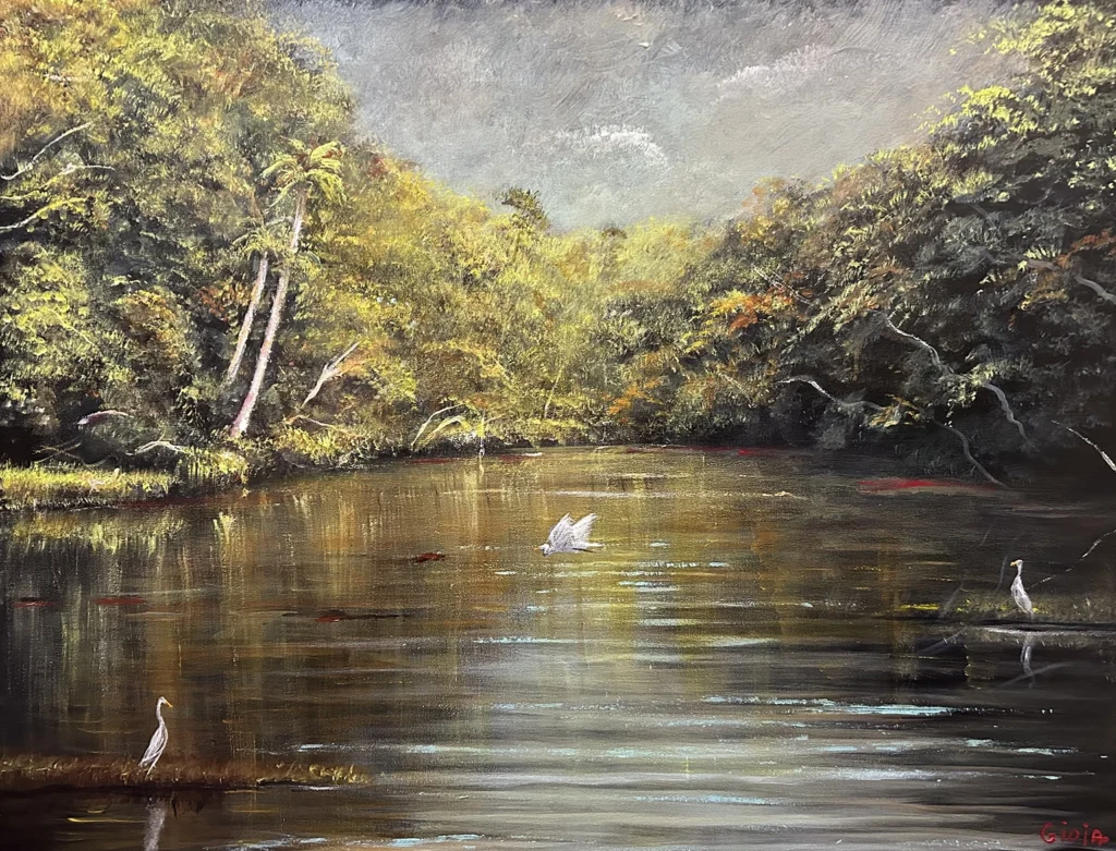 River Afternoon — original Florida river landscape painting by Dean Gioia depicting egrets on a tannin-dark river surrounded by subtropical jungle, acrylic on canvas, 30x40 inches