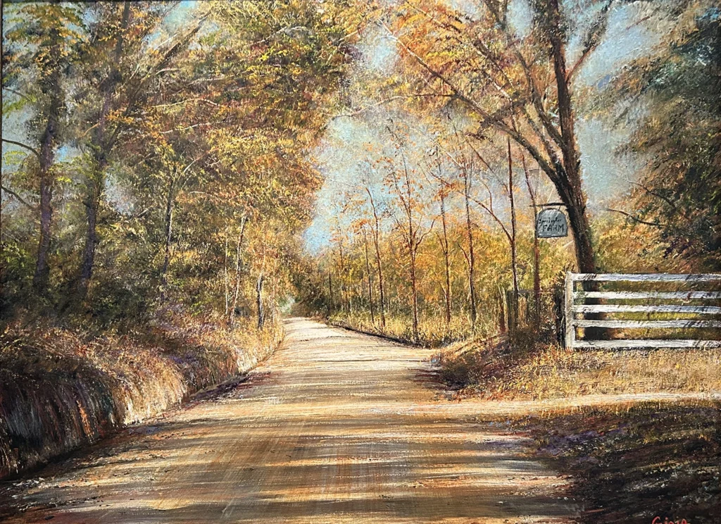 Country road landscape painting by Dean Gioia featuring tree-lined rural path in autumn light