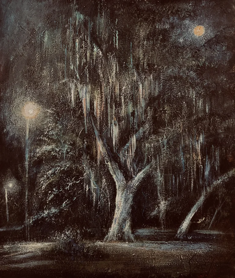 Dean Gioia acrylic painting of Spanish moss-draped live oaks at night illuminated by security lights and a full moon