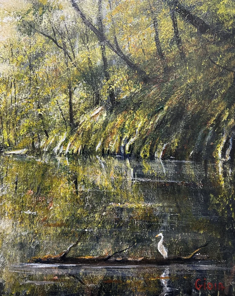 Sopchoppy River painting by Dean Gioia depicting a great egret on a shadowed Florida riverbank with golden tree reflections on dark water, acrylic on canvas