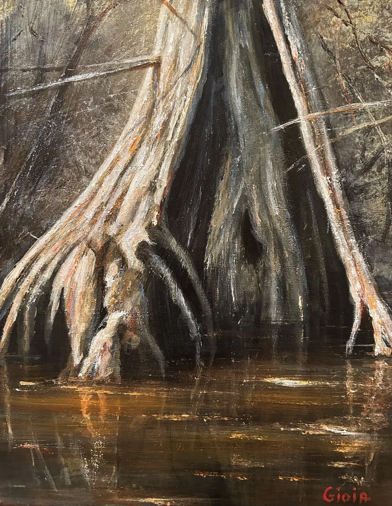 Dean Gioia acrylic painting of ancient bald cypress tree roots rising from the dark tannin-stained waters of the Sopchoppy River in Florida's Apalachicola National Forest