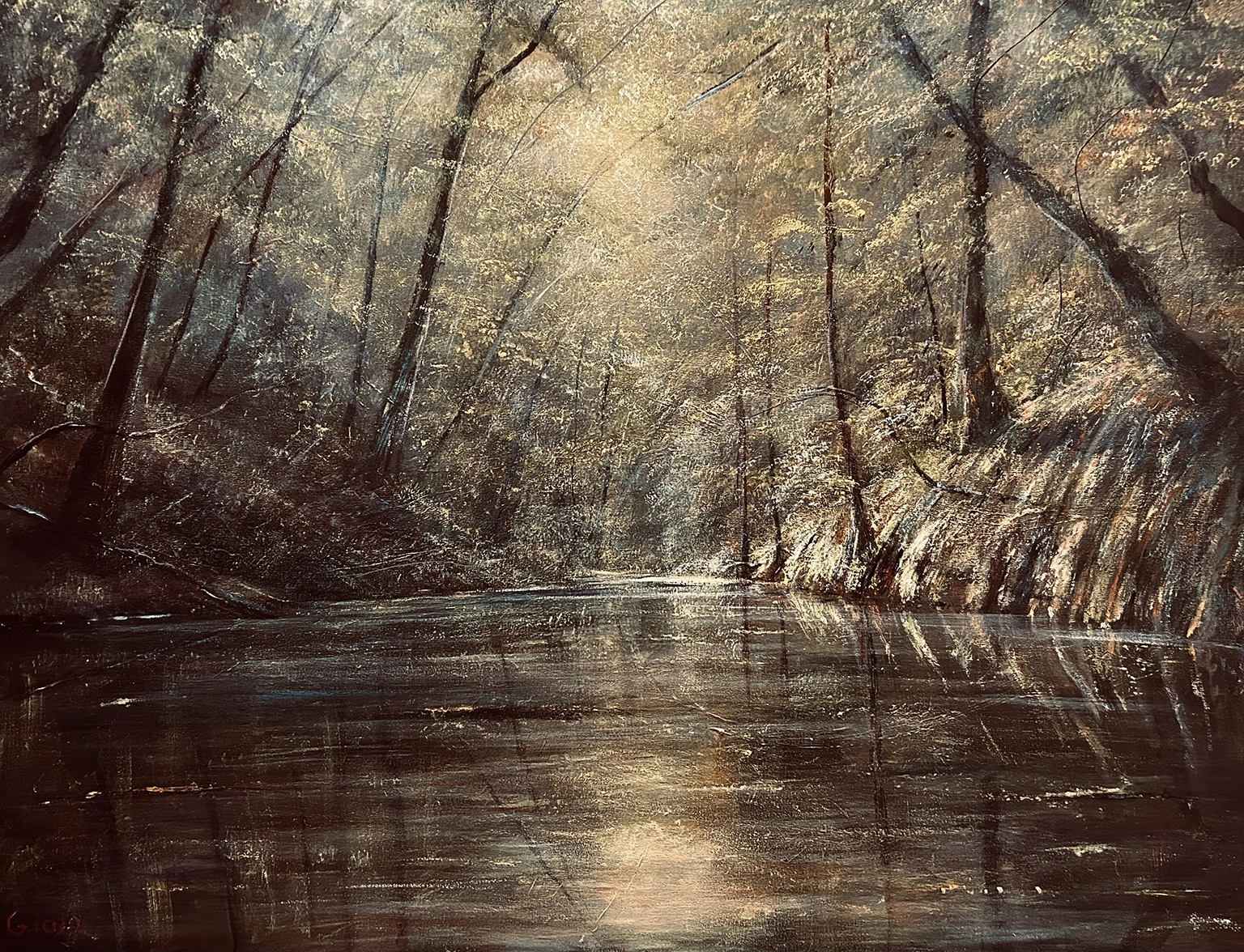 Dean Gioia original acrylic painting of the Sopchoppy River, Florida, depicting a dark tannin-stained blackwater stream reflecting golden light through a dense forest canopy.