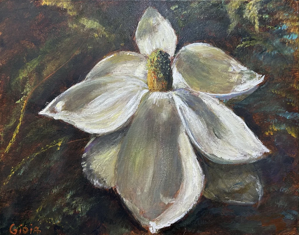 White magnolia flower painting by Dean Gioia with golden center against dark green background