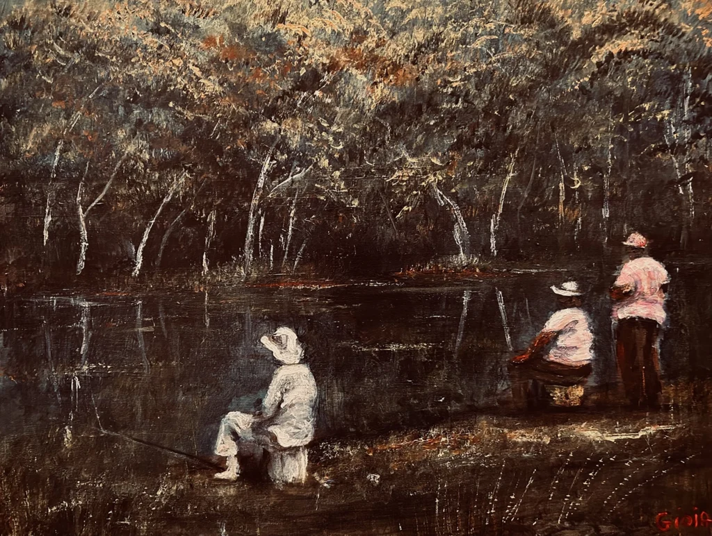 Dean Gioia acrylic painting of three figures fishing at a dark woodland pond in summer, rendered in rich earthy tones with expressive brushwork