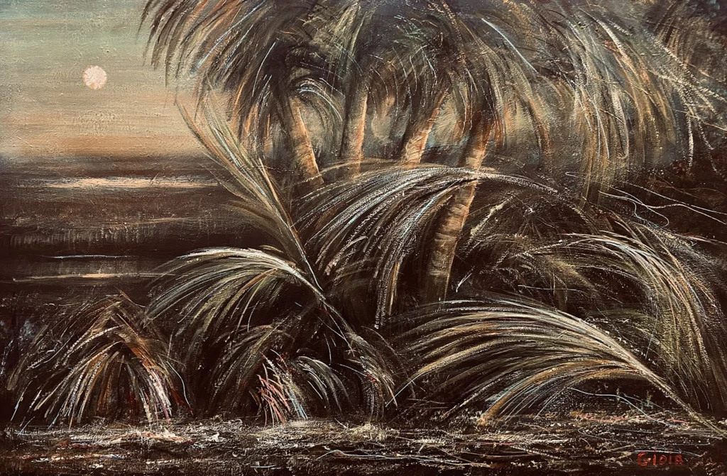 Sunset Palms Rising Moon — original acrylic painting by Dean Gioia depicting windswept Florida palms under a rising moon at dusk, 24x36 inches