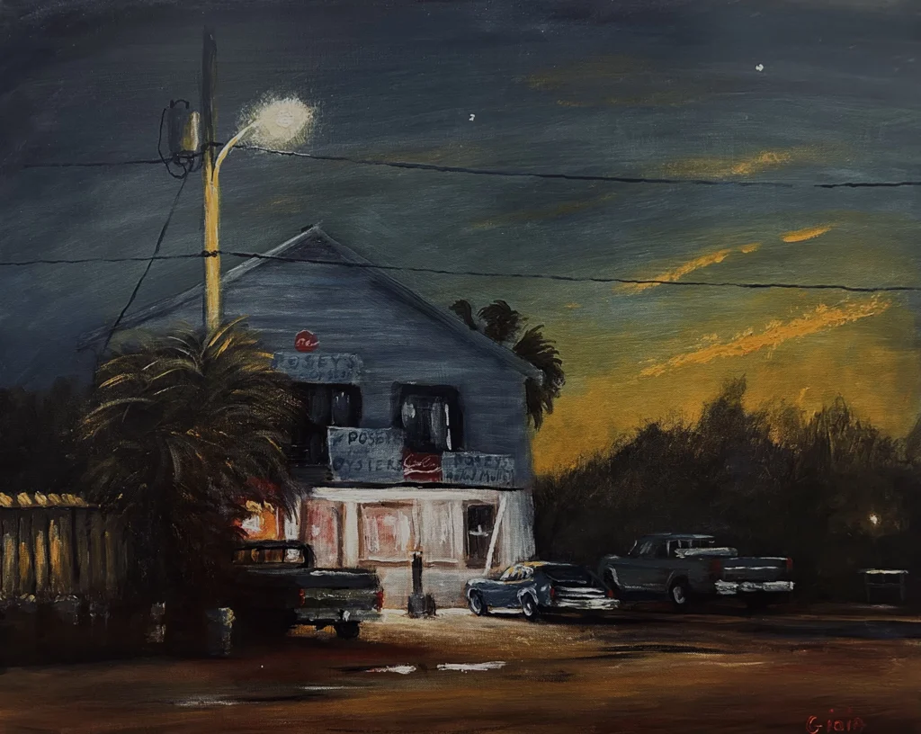 Dean Gioia acrylic painting of Posey's Oyster House in Apalachicola, Florida at twilight, with a glowing street lamp, vintage trucks, and a dramatic amber and teal dusk sky.