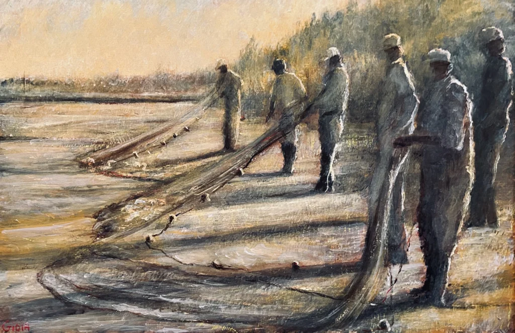 Dean Gioia original oil painting depicting Florida fishermen with nets on shoreline