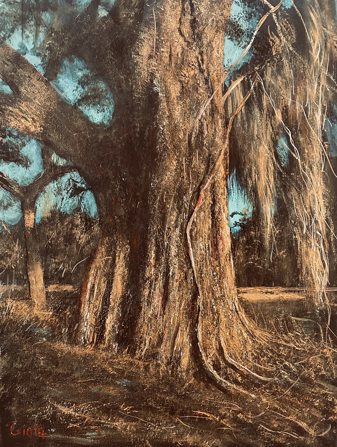 Acrylic painting of ancient live oak trees draped in Spanish moss at dusk by Florida fine artist Dean Gioia