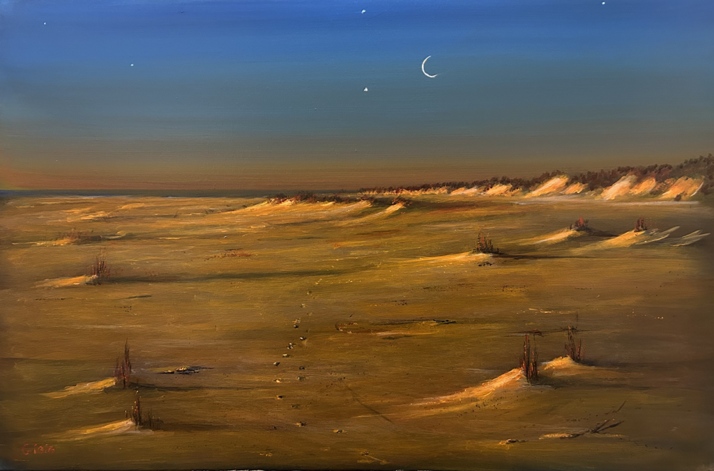 ean Gioia original acrylic painting of coastal sand dunes at sunset with a crescent moon rising over a wide beach landscape