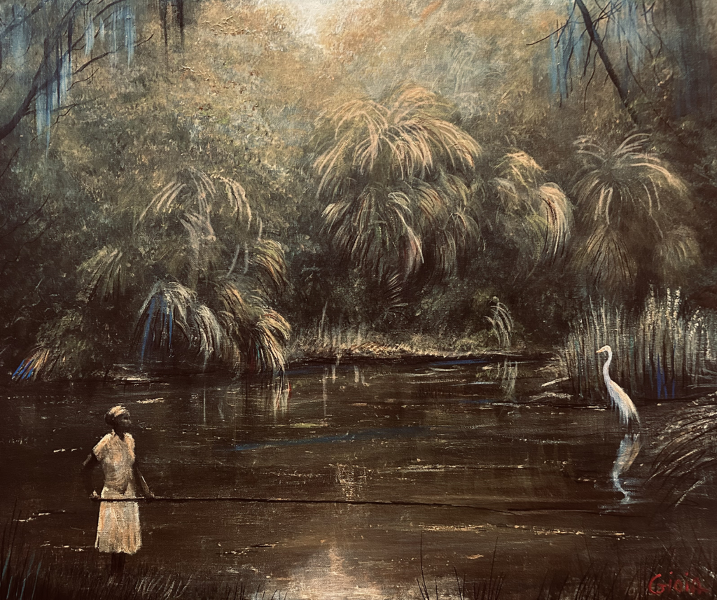 Bayou fishing painting by Dean Gioia depicting a lone figure wading in a dark Florida swamp with a great egret and dense palmetto landscape, acrylic on canvas, 20x24.
