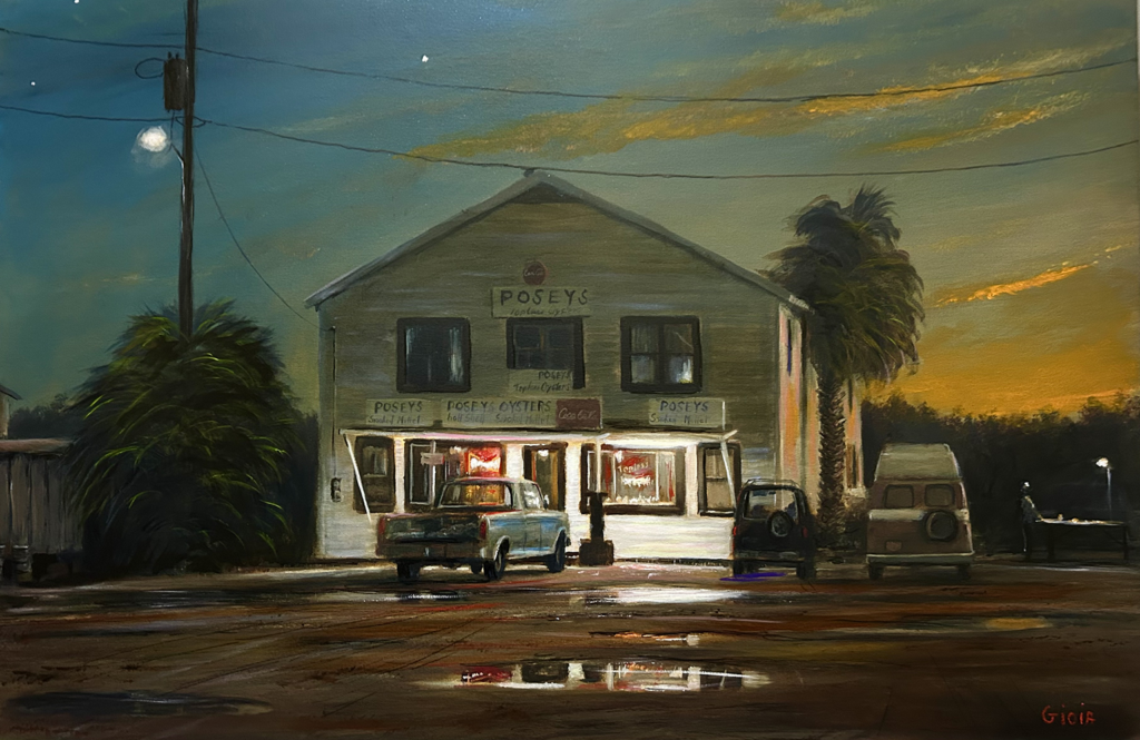 Posey's Oyster Bar painting by Dean Gioia depicting the iconic Apalachicola Florida seafood shack at summer twilight with glowing storefront, vintage trucks, and a dramatic sunset sky, acrylic on canvas, 24x36.