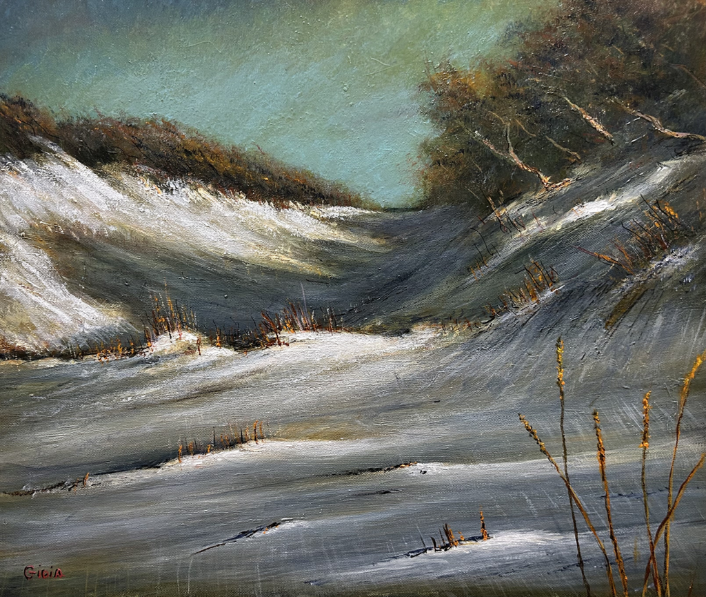 Gulf Coast sand dunes painting by Dean Gioia depicting windswept white sand dunes with sea oats and scrub vegetation under a moody teal sky, Florida coastal landscape, acrylic on canvas, 20x24.