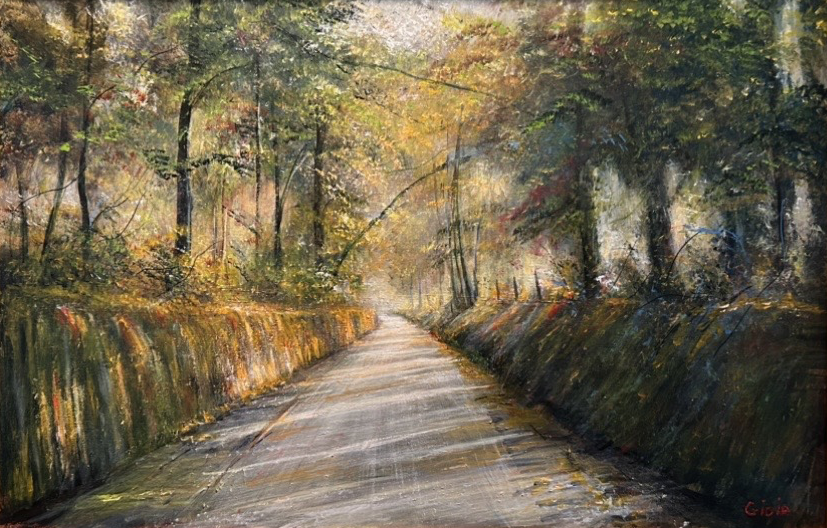 Dean Gioia landscape painting of a sunlit country road flanked by autumn trees and mossy stone banks, acrylic on canvas, 24x36 inches