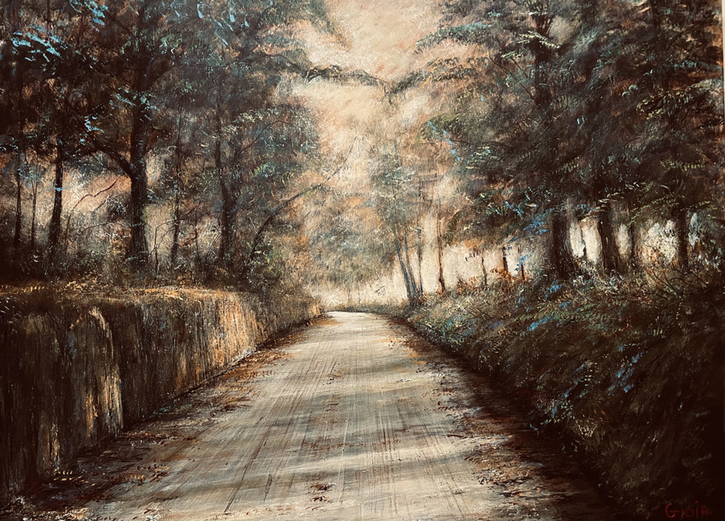 Original acrylic painting of a sunlit Florida canopy road lined with towering oaks and golden light by artist Dean Gioia, 30x40 inches