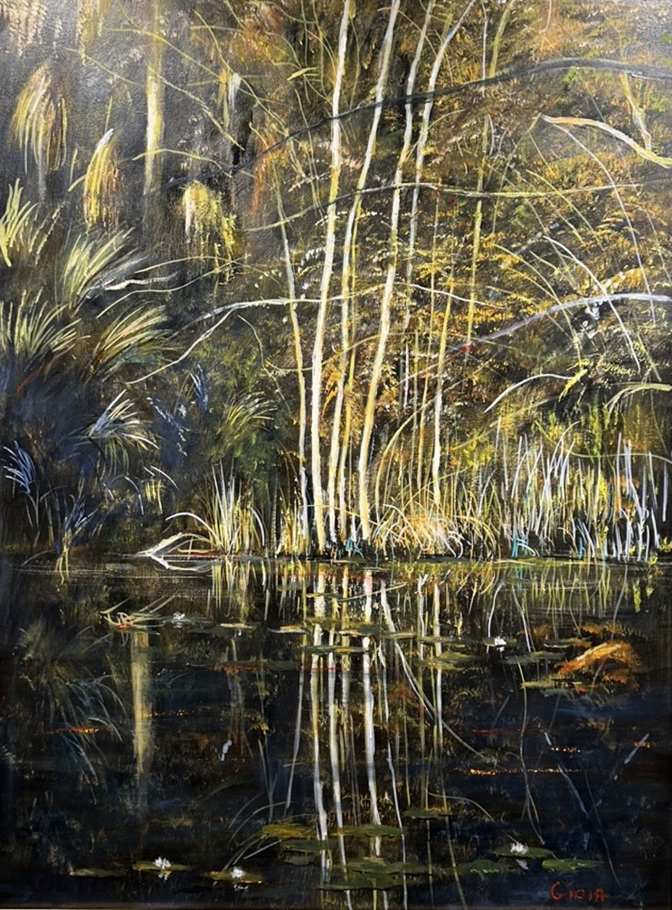 Original acrylic painting of a dark Florida wetlands with glowing reeds, lily pads, and still water reflections by artist Dean Gioia, 40x30 inches