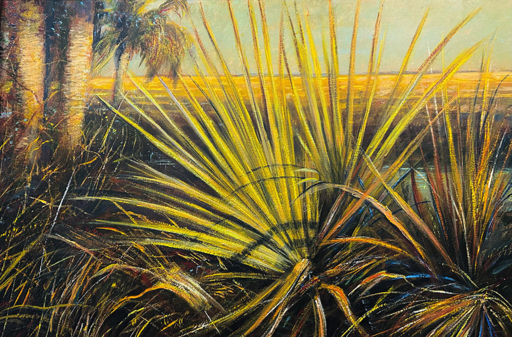 Original acrylic painting of Florida coastal marsh with saw palmetto, golden salt grass, and palm trees by artist Dean Gioia, 24x36 inches