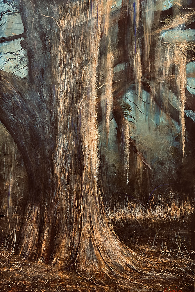 Original acrylic painting of a massive Spanish moss-draped southern live oak at sunset by Florida artist Dean Gioia, 36x24 inches