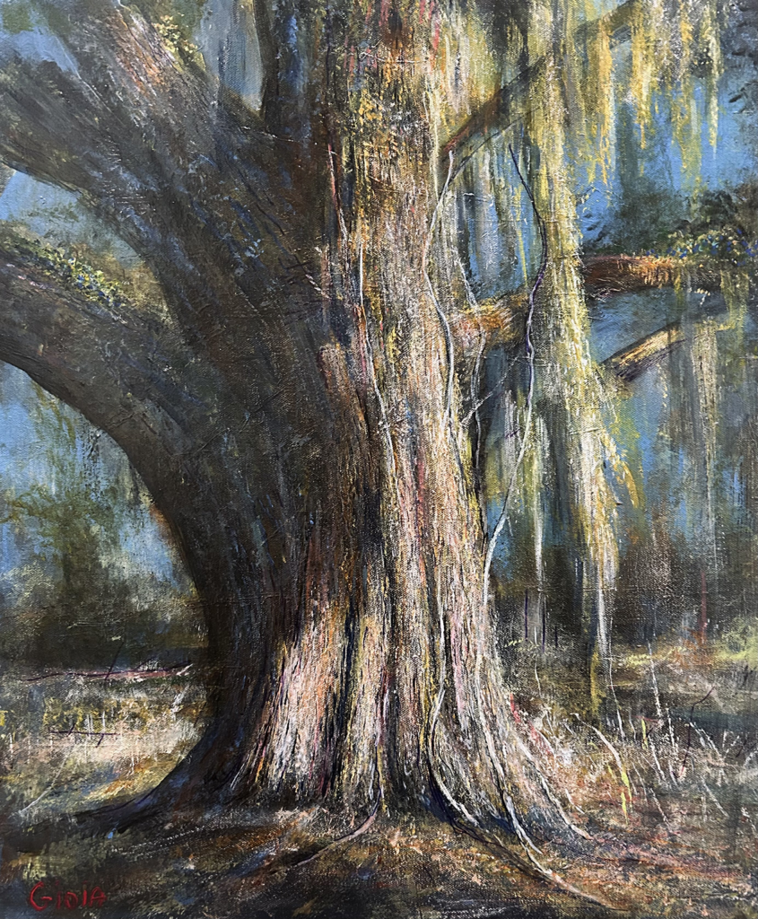 Original acrylic painting of ancient Spanish moss-draped live oak trees in winter light by Florida artist Dean Gioia, 24x18 inches