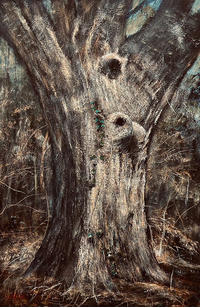 Original acrylic painting of a massive ancient oak tree with knotted bark and small green shoots emerging in spring light, by Dean Gioia, 36x24 inches