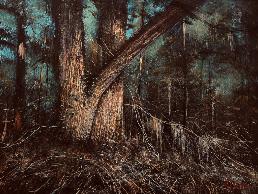 Original acrylic painting of a dramatic evening forest interior with illuminated oak trunks, fallen timber, and tangled undergrowth in deep teal and amber tones, by Dean Gioia, 18×24 inches