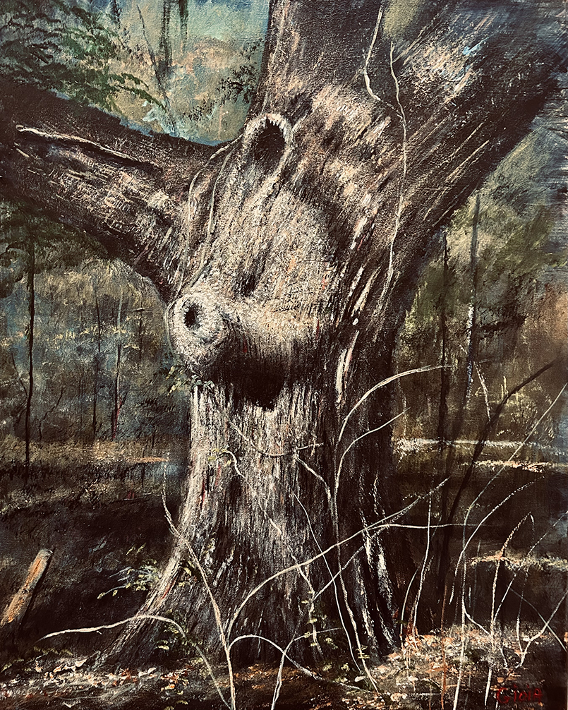 Original acrylic painting of a scarred and knotholed ancient tree trunk rising from a dark Southern forest floor, with expressive brushwork in teal, gray, and warm earth tones, by Dean Gioia, 30×24 inches