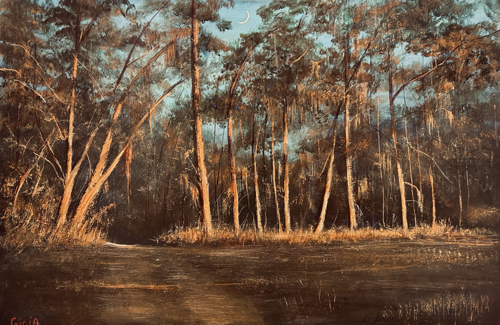 Original acrylic painting of a Southern forest at dusk with amber-lit tree trunks, Spanish moss, golden marsh grass, and a crescent moon in a blue evening sky, by Dean Gioia, 24×36 inches