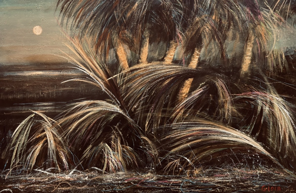 Original acrylic painting of moonlit Florida palms and sweeping coastal scrub grass under a rising full moon in a dusky teal sky, rendered in deep earth tones and amber, by Dean Gioia, 24×36 inches