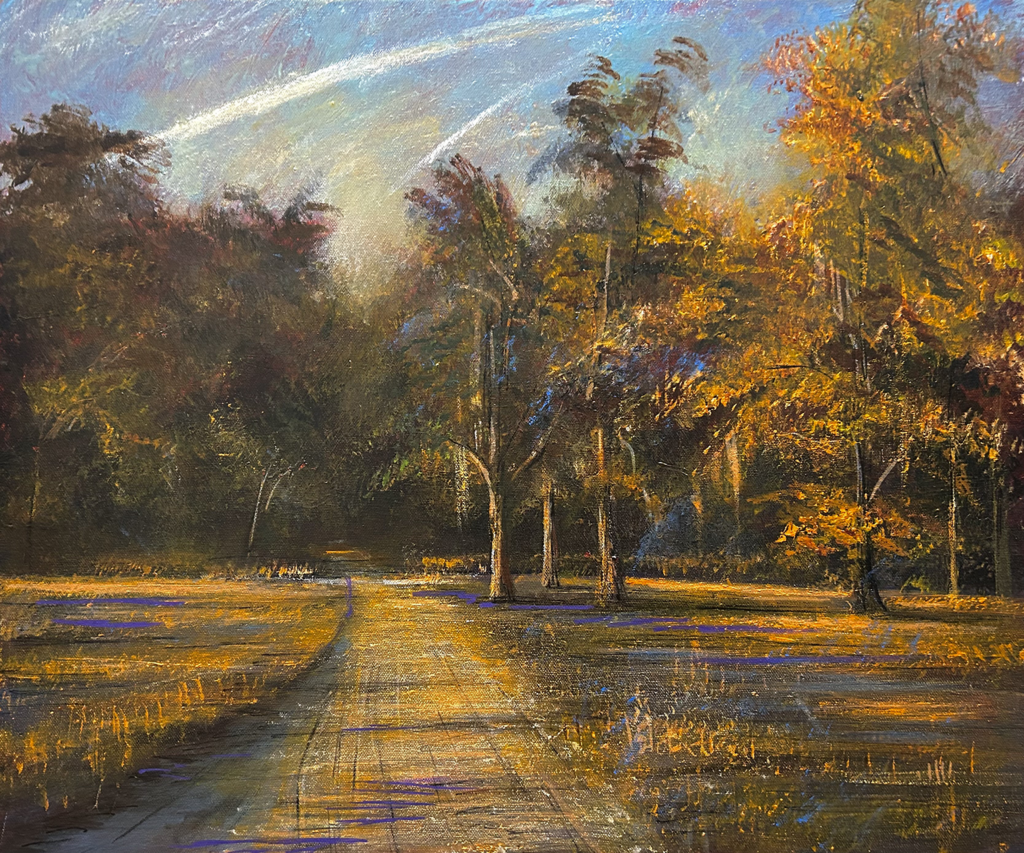 Original acrylic painting of a sun-drenched autumn road flanked by golden and amber trees with contrail-streaked blue sky and violet shadow reflections on the pavement, by Dean Gioia, 20×24 inches