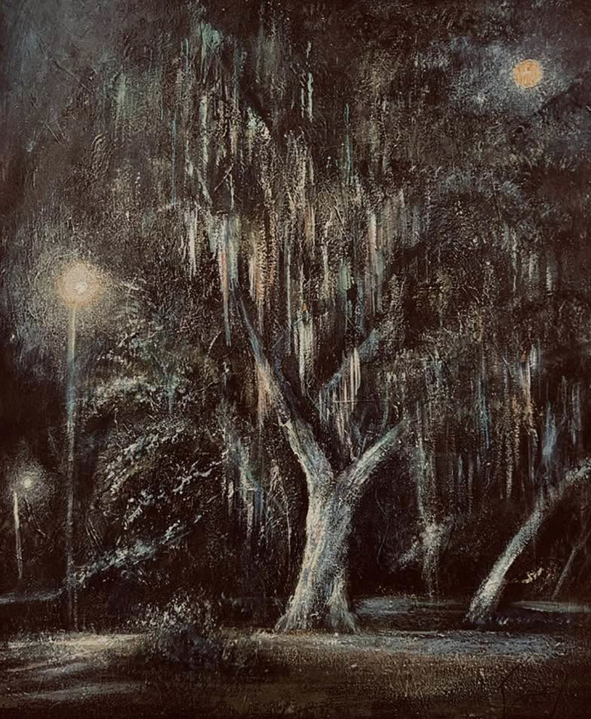 Original acrylic painting of a massive Spanish moss-draped live oak illuminated by a security light and full moon against a deep nocturnal sky, by Dean Gioia, 24×20 inches