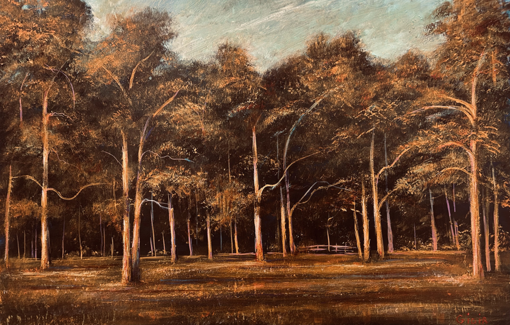 Original acrylic painting of a Florida pine and hardwood forest edge glowing in warm amber sunset light with a white fence visible in the middle distance and a pale teal sky above, by Dean Gioia, 24×36 inches