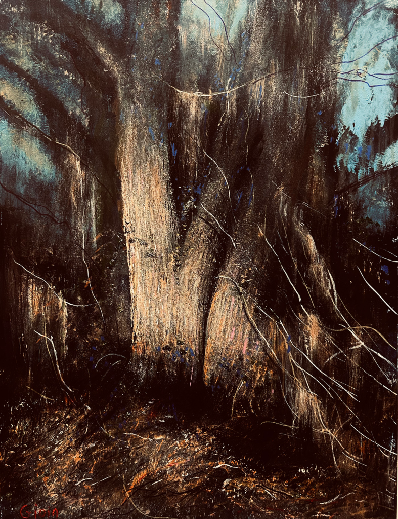Original acrylic painting of a massive oak tree illuminated by fading light against a dark forest interior by Florida artist Dean Gioia