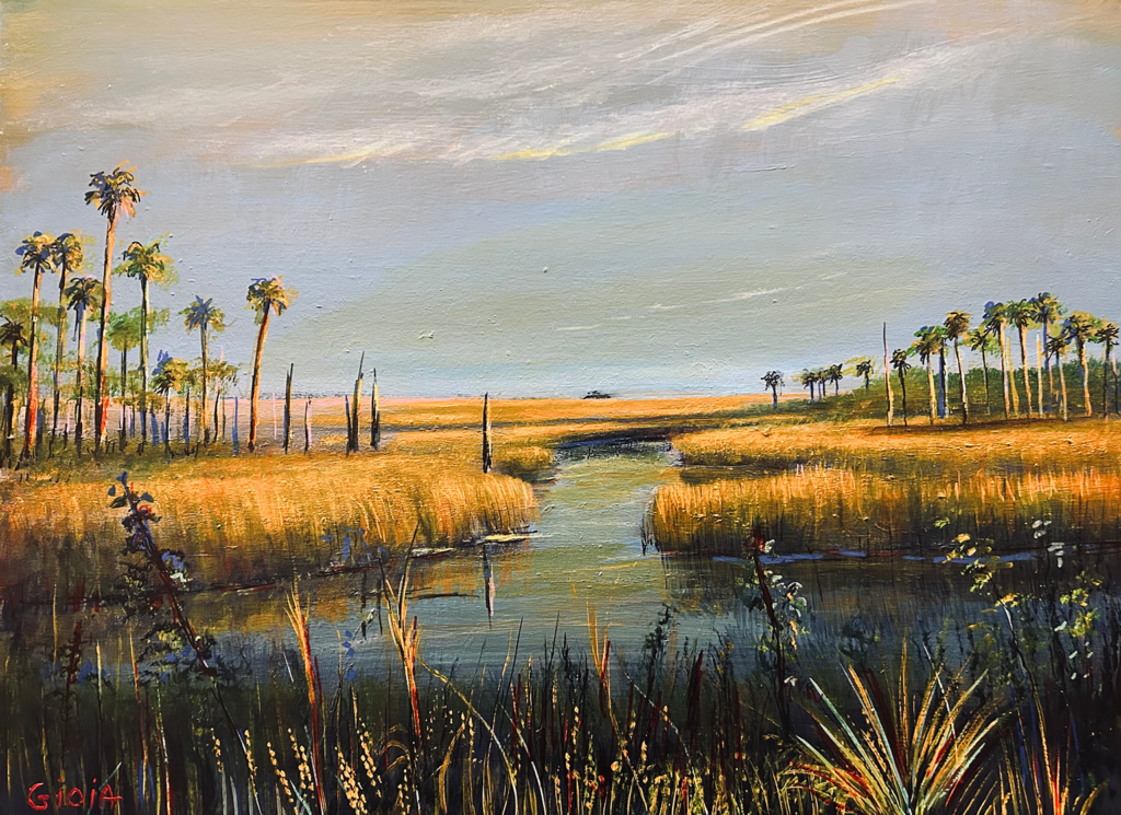 Original acrylic painting of Florida palm trees lining a golden coastal marsh with a winding tidal creek by artist Dean Gioia