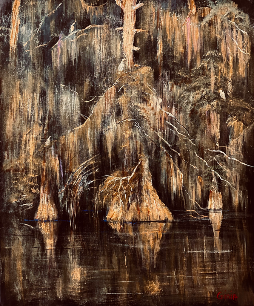 Florida cypress swamp painting by Dean Gioia — bald cypress trees draped in Spanish moss reflected in dark blackwater, acrylic on canvas, 24x20