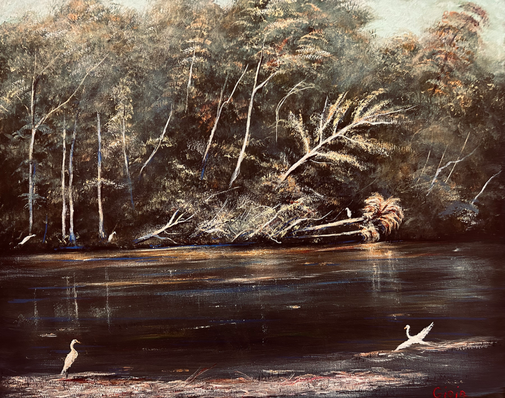 Dean Gioia acrylic painting of two great egrets along the St. Marks River, Florida, with a fallen palm and dark cypress-lined water
