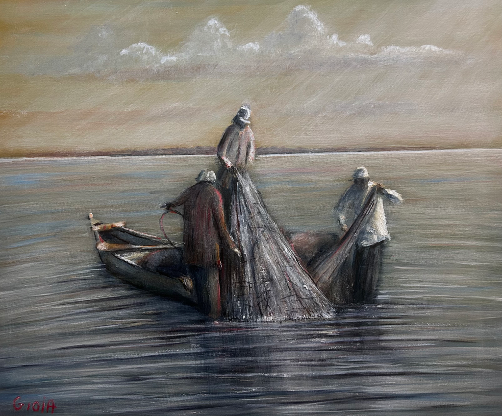 Acrylic painting of three Florida mullet fishermen folding a large net from a wooden skiff at dusk on calm water, by Dean Gioia