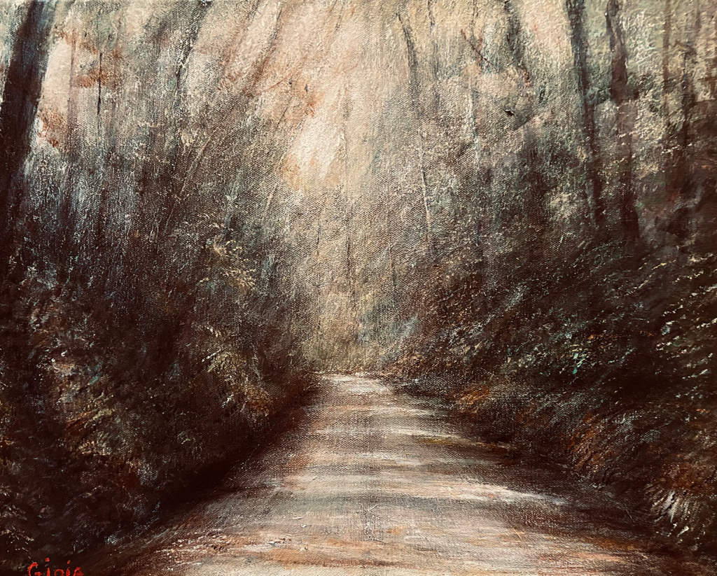 Acrylic painting of a sunlit Florida canopy road disappearing into a glowing forest tunnel of dark trees and diffused light, by Dean Gioia