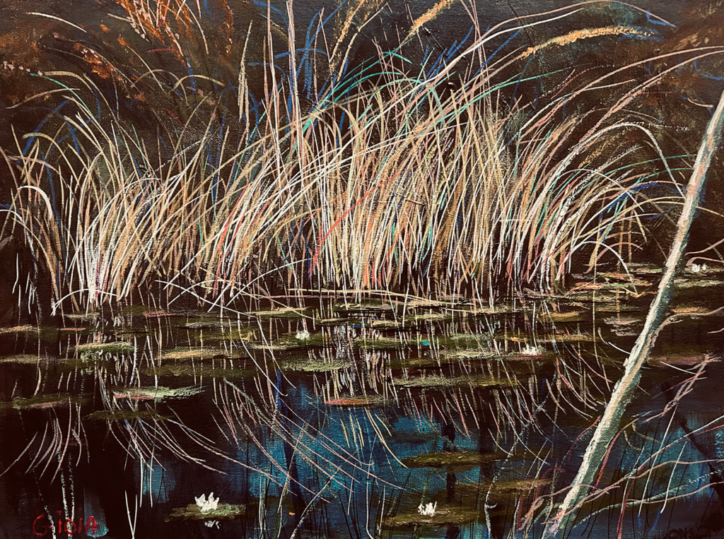 Acrylic painting of Florida wetlands marsh grass and lily pads reflected in dark still water, with white blooms and expressive brushwork, by Dean Gioia