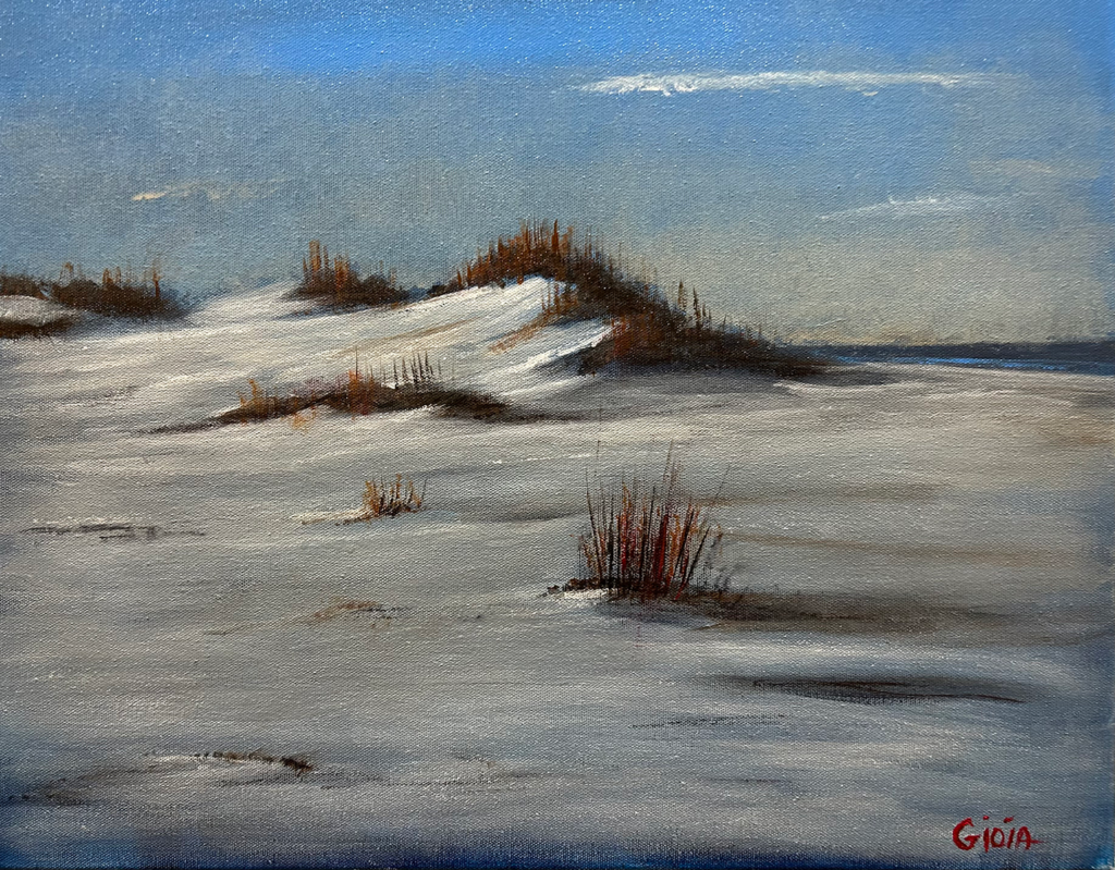 Acrylic painting of white sand dunes and sea oats on St. George Island, Florida, in cool morning light by artist Dean Gioia