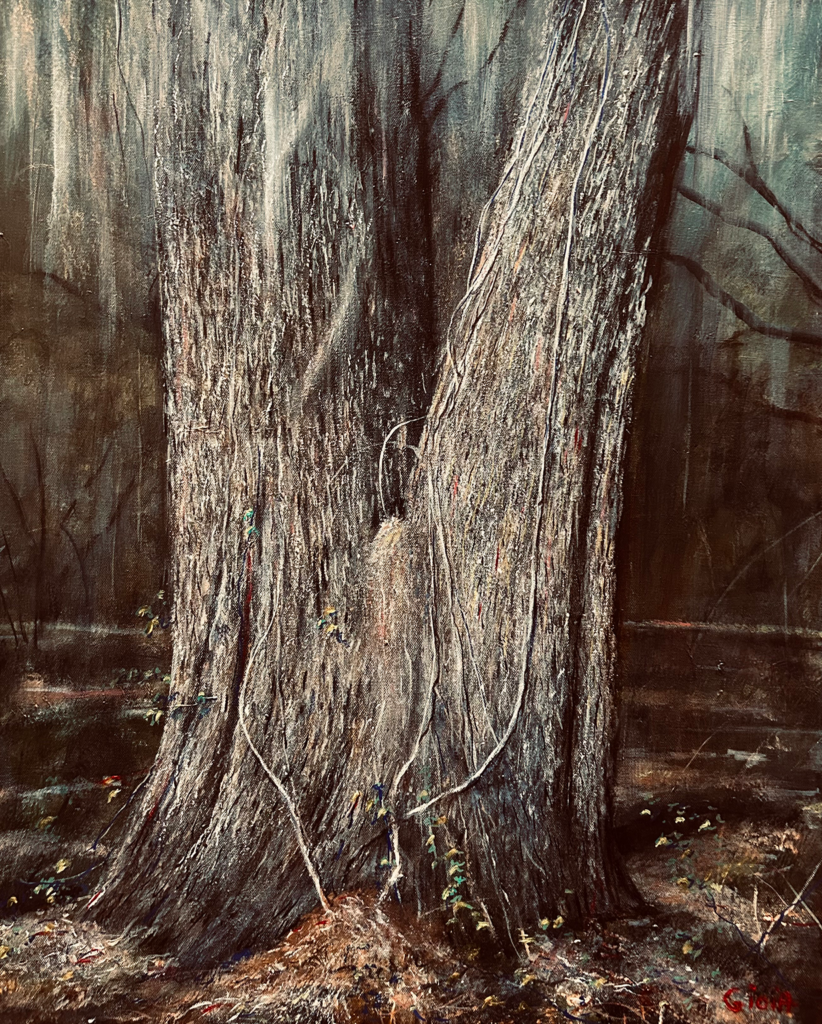 Acrylic painting of two massive live oak trunks draped in Spanish moss with vines along Miccosukee Road, Tallahassee, Florida, by Dean Gioia, 30x24 inches