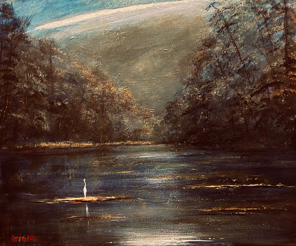 Acrylic painting of a solitary white egret standing on a sandbar along a dark North Florida blackwater river beneath a stormy sky, by Dean Gioia