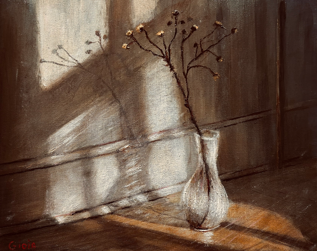 Acrylic still life painting of dried wildflowers in a glass vase with dramatic window light casting sweeping shadows on a dark wall, by Dean Gioia